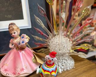 Josef Originals September Birthday Month Figurine, Murano Glass Clown Figurine, Hand Spun Rainbow Glass Peacock Figurine