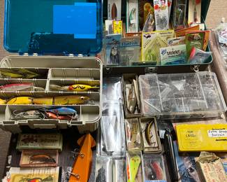 Large collection of fishing lures/tackle, rods, and accessories (hundreds of lures).