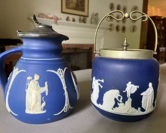 Adams Jasperware biscuit jar (right in photo); Wedgwood Jasperware pitcher.