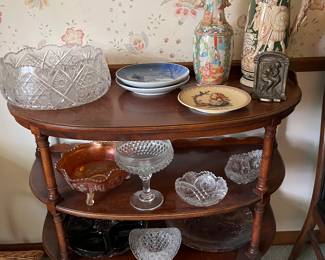 Antique three-tiered table; selection of antique and vintage pottery, porcelain, crystal and glass. Details and close-up photos for many of these pieces provided in photos that follow.