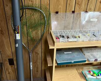 Large collection of fishing lures/tackle, rods, and accessories (hundreds of lures).