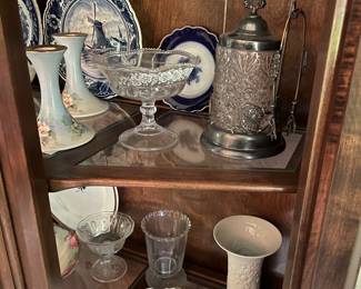 Limoges (France) candlesticks; antique pickle jar with tongs by Britain Metal Co. (USA); excellent selection of vintage glass, pottery, porcelain and more.