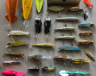 Large collection of fishing lures/tackle, rods, and accessories (hundreds of lures).