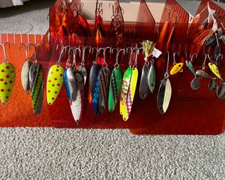 Large collection of fishing lures/tackle, rods, and accessories (hundreds of lures).