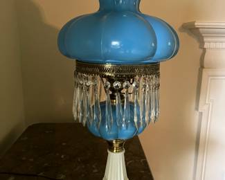Vintage Fenton (or similar) blue glass lamp with white glass base.