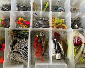 Large collection of fishing lures/tackle, rods, and accessories (hundreds of lures).