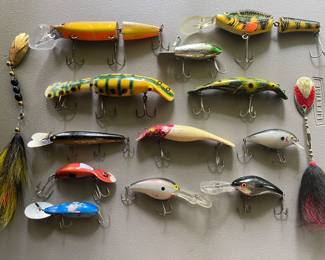 Large collection of fishing lures/tackle, rods, and accessories (hundreds of lures).
