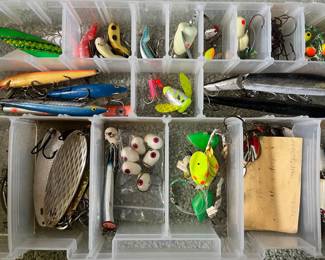 Large collection of fishing lures/tackle, rods, and accessories (hundreds of lures).