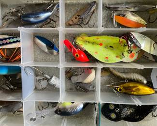 Large collection of fishing lures/tackle, rods, and accessories (hundreds of lures).