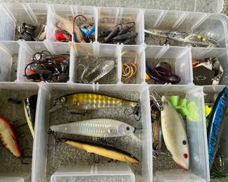 Large collection of fishing lures/tackle, rods, and accessories (hundreds of lures).
