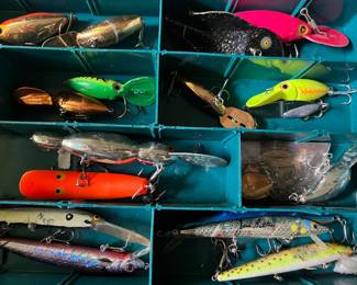 Large collection of fishing lures/tackle, rods, and accessories (hundreds of lures).