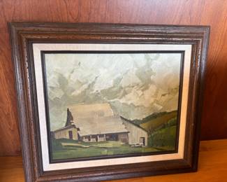 Framed Farm Scene Oil Painting
