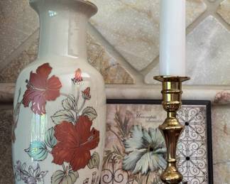 CC Japanese Floral Porcelain Vase, Brass Candlestick Holder