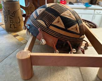 Hand-Carved African Calabash Gourd with Cowrie Shell Accents