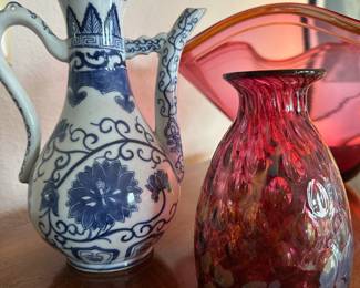 Chinoiserie Blue & White Porcelain Ewer, Cranberry Flower Vase with Swirl Pattern