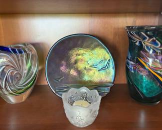 Green, Blue & Clear Swirl Art Glass Vase, 1994 Raku Pottery Plate – Signed M.L.D., Colorful Art Glass Vase - Signed by Will P.