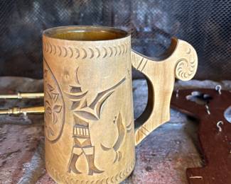 USSR Hand Carved Wood Beer Stein with Fox Hunting Design