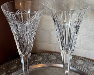 Waterford Crystal "Millennium Happiness" & "Millennium Love" Champagne Flutes, Pewter Charger Serving Tray