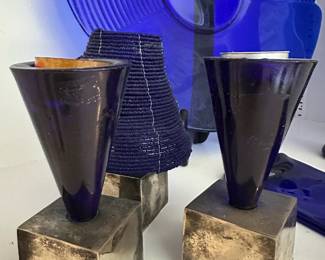 Cobalt Blue Glass Candle Holders with Square Metal Base