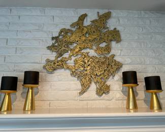 Brutalist Molten Gold Tone Wall Art Sculpture, Set of 4 Gold Tone Pillar Candle Holders