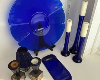 Cobalt Blue Glass Platter, 3 Matching Cobalt Blue Glass Bud Vases, Cobalt Blue Wine Bottle Cheese Plate