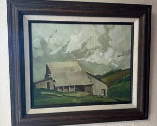 Framed Oil Painting of Barn by P.O. Mathens
