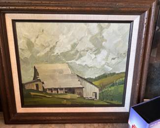 Framed Farm Scene Oil Painting