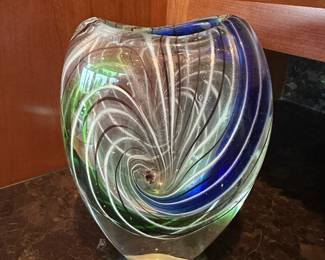 Green, Blue & Clear Swirl Art Glass Vase