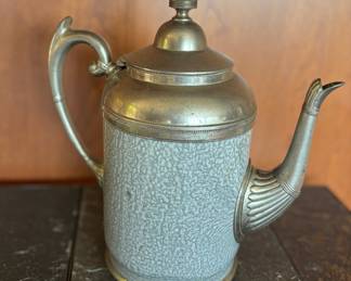 Pewter Trimmed Grey Graniteware Teapot