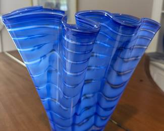 Blue Striped Art Glass Vase with Ruffled Edge