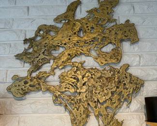 Brutalist Molten Gold Tone Wall Art Sculpture