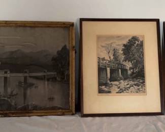 Augis, Marcel Original Etching Marnsvlle France, Ozark Bridge, Blank And White Bridge
