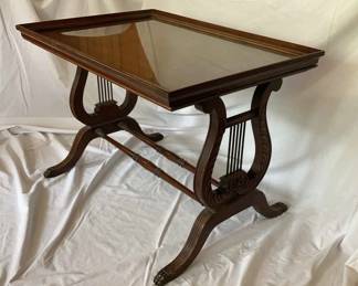 Antique Solid Mahogany Harp Side Table With Glass Display Top