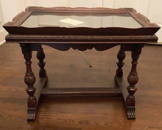 Vintage Wooden Side Table With Glass Display Top