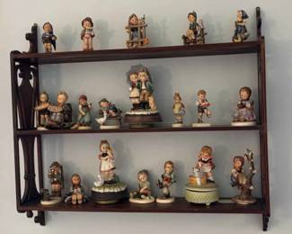 Hummel Figurines, Music Boxes And Wood Shelf Display