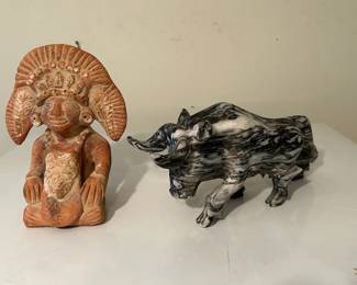 Aztec/Mayan Warrior Statue and Marble Bull Statue
