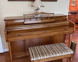 Piano with matching stool in immaculate condition. Oil painting.