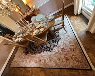 mid century, extension table, seats eight comfortably, six chairs included, circa 1960, area rug is thought to be a wool silk blend Persian carpet