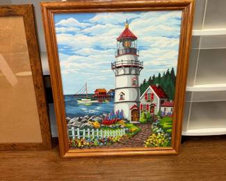 Mid 20th century Paint by Numbers Lighthouse framed painting