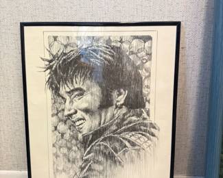 framed pencil sketch of Elvis Presley