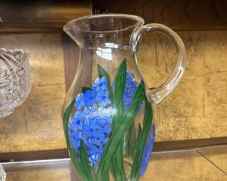 Handpainted Blue Hydrangea Glass Pitcher