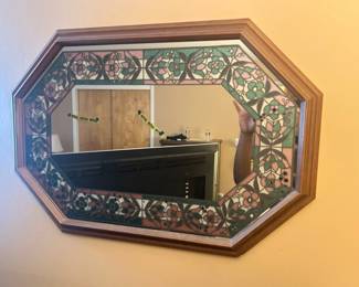 vintage octagonal wood mirror with stained glass border