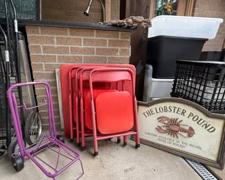 Child’s card table and chairs and kids shopping cart