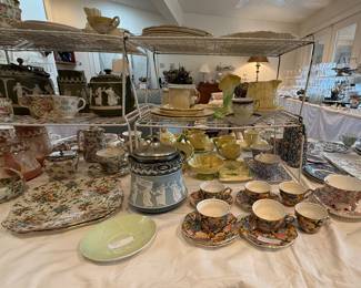 Some of the many patterns of chintz tea cups and saucers