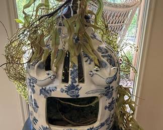 Beautiful blue and white birdhouse planter