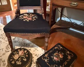 Lovely needlepoint chair and foot stools