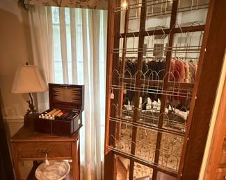 Over the door shoe rack, backgammon set, one of a pair of matching bird lamps