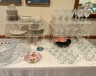 Fostoria punch bowl and cups and other glassware selections