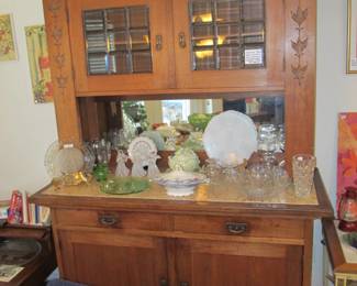Antique 1900s Arts n Crafts hutch w/ inlay marble, leaded glass doors, & exquisite hand carved details, $1195 PRE-SALE ITEM