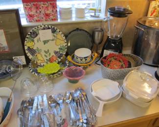 We have a great kitchen full of goodies! Small appliances include Mr Coffee, Oster, and a Crock Pot. Corningware, bakeware, serving platters, cookware, kitchen utensils, knives, dinnerware, glassware, and more.
